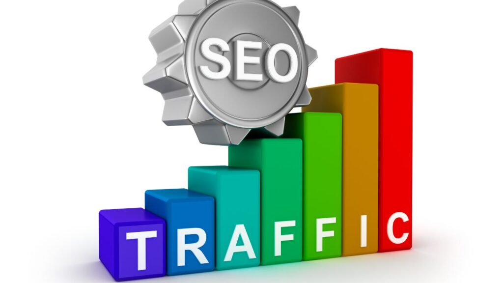 Obrazek przedstawia koło zębowe z napisem SEO, które wspina się po schodach