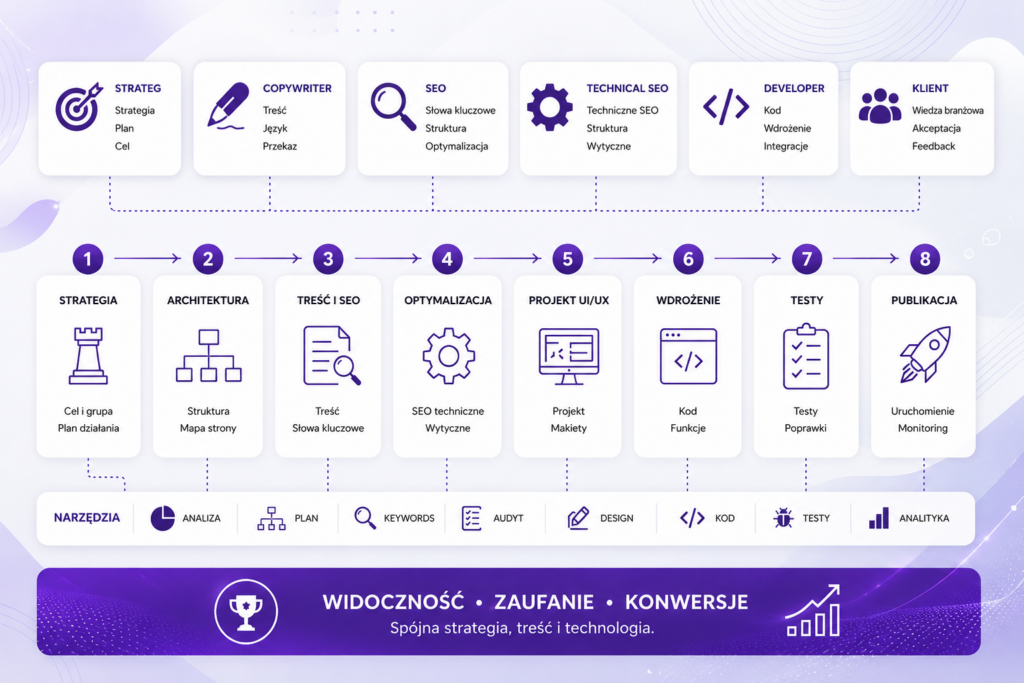 Grafika przedstawia schemat współpracy zespołu projektowego PurpleBOX i Agencji Contentowej – od strategii po wdrożenie kodu.