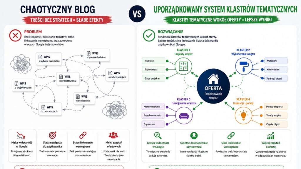  Infografika przedstawiająca różnicę między chaotycznym blogiem a uporządkowanym systemem klastrów tematycznych wokół oferty