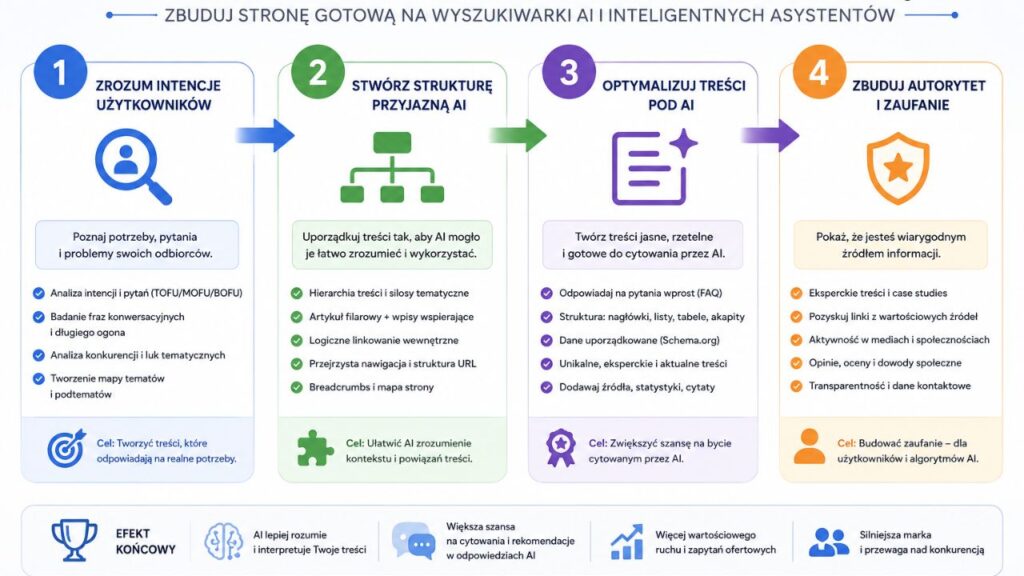 Schemat blokowy pokazujący 4 kroki przygotowania strony na erę AI