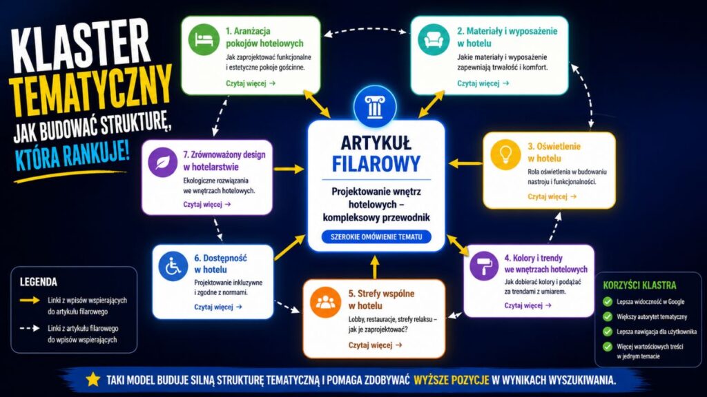 Schemat klastra tematycznego – centralny artykuł filarowy otoczony mniejszymi wpisami wspierającymi z zaznaczonym kierunkiem linkowania