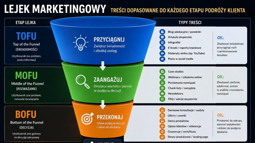  Ilustracja przedstawiająca lejek marketingowy z dopasowanymi typami treści na każdym etapie (TOFU, MOFU, BOFU