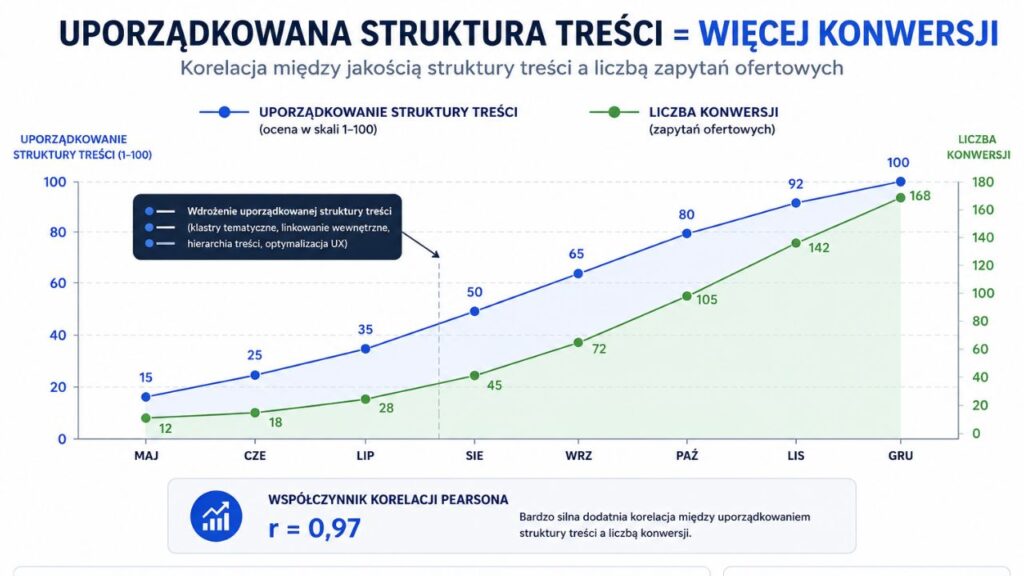 Wykres pokazujący korelację między uporządkowaniem struktury treści a wzrostem liczby konwersji (zapytań ofertowych)