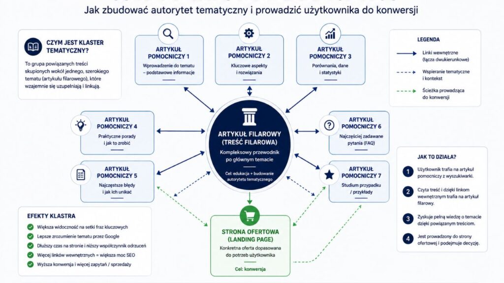 Schemat klastra tematycznego pokazujący centralny artykuł filarowy połączony siecią linków wewnętrznych z artykułami pomocniczymi oraz stroną ofertową.