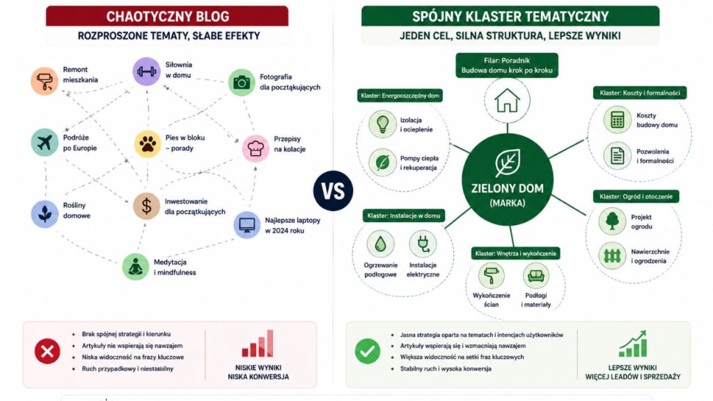 Infografika przedstawiająca różnicę między chaotycznym blogiem (rozproszone tematy) a spójnym klastrem tematycznym skupionym wokół centralnej encji marki.
