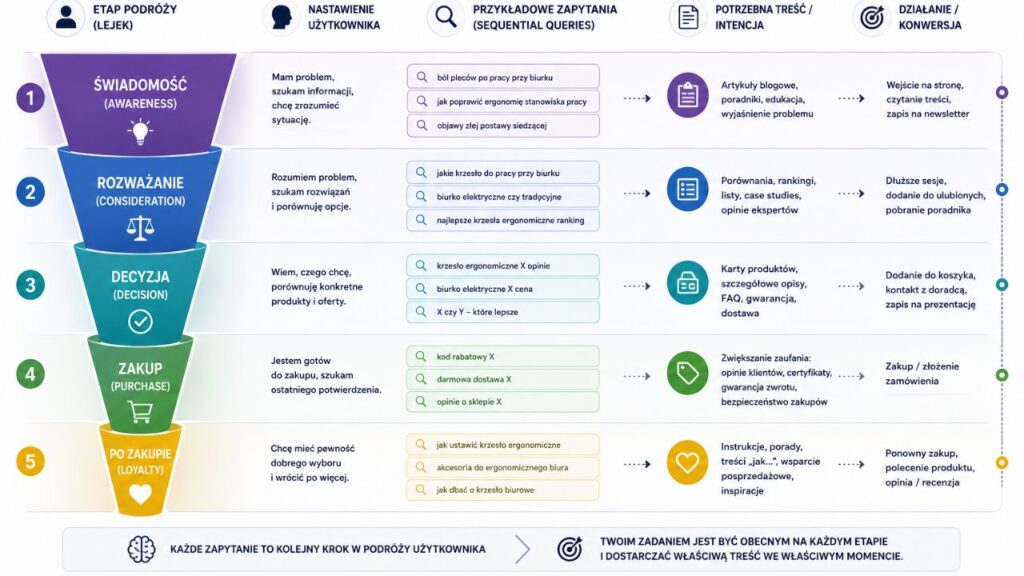 Schemat przedstawiający lejek zakupowy użytkownika przechodzącego przez kolejne etapy wyszukiwania (Sequential Queries) od ogólnego problemu do zakupu