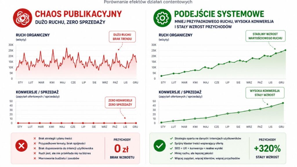 Porównanie dwóch wykresów: po lewej chaos publikacyjny (dużo ruchu, zero sprzedaży), po prawej podejście systemowe (mniej przypadkowego ruchu, ale wysoka konwersja i stały wzrost przychodów)