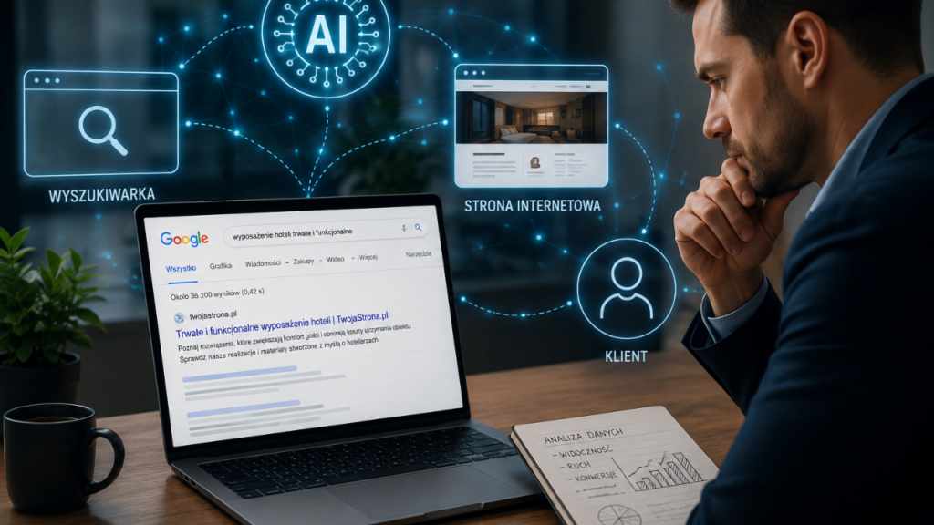  Laptop z otwartą stroną wyników Google, nad ekranem symbol AI, a obok przedsiębiorca analizujący dane. W tle delikatne połączenia między wyszukiwarką, stroną internetową i klientem.  