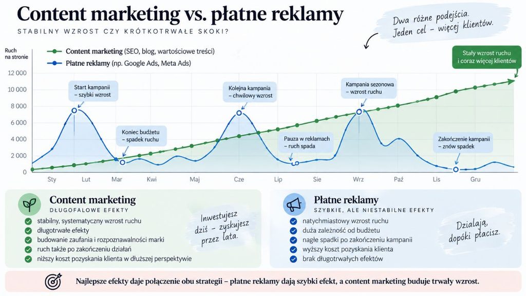Porównanie stabilnego wzrostu ruchu z content marketingu z nagłymi skokami i spadkami płatnych reklam