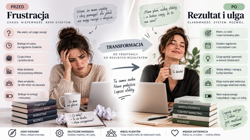  Transformacja klienta z punktu "Przed" (frustracja) do punktu "Po" (rezultat/ulgę).