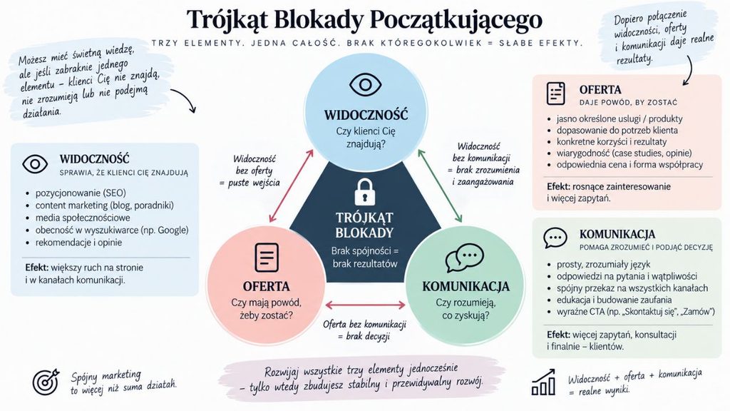 Trójkąt Blokady Początkującego – relację między widocznością, ofertą a komunikacją. 