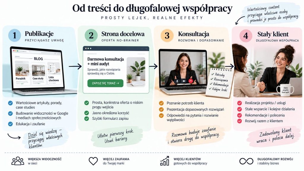 schemat lejka: Publikacje -> Strona docelowa (oferta No-Brainer) -> Konsultacja -> Stały klient. 