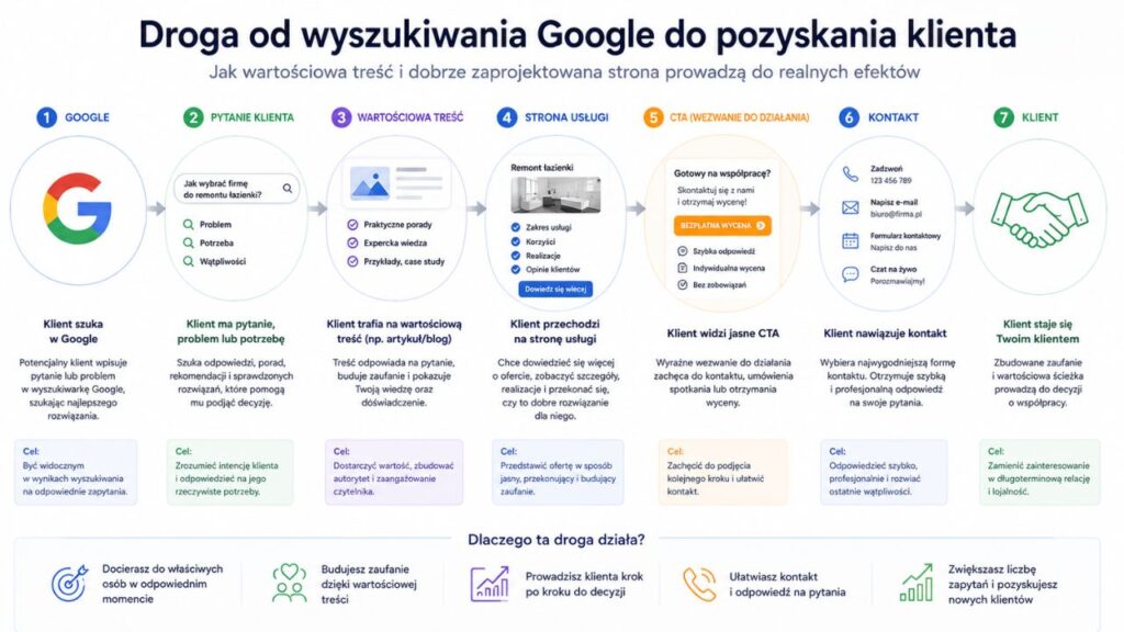 Google → pytanie klienta → wartościowa treść → strona usługi → CTA → kontakt → klient