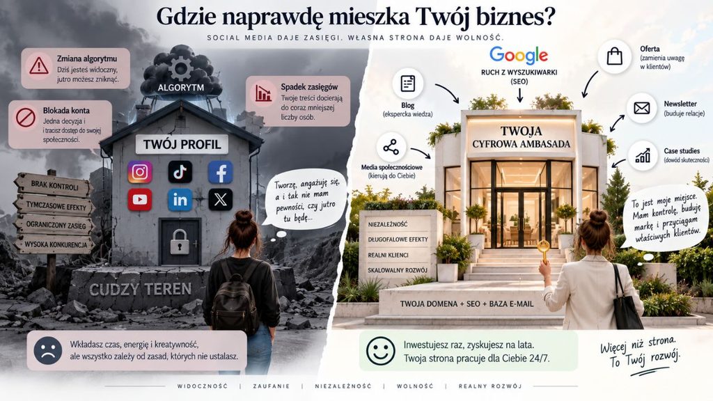 Porównanie modelu biznesowego opartego na social mediach i własnej stronie WWW – cudzy teren z ryzykiem zmian algorytmu kontra własna cyfrowa ambasada oparta na domenie, SEO i bazie e-mail.