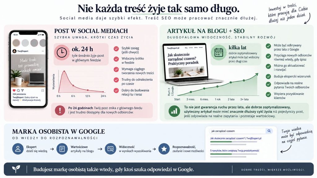 Infografika przedstawiająca porównanie żywotności treści – post w social mediach (24h) vs. artykuł na blogu zoptymalizowany pod SEO (kilka lat). 