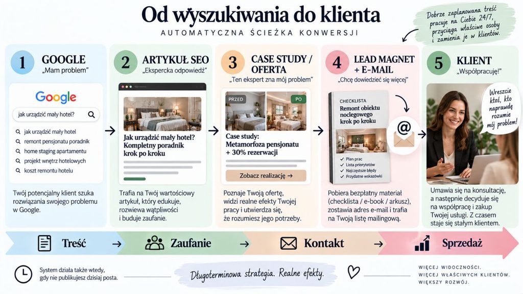 Ścieżkę konwersji od wyszukiwania w Google, przez artykuł SEO, case study i lead magnet z e-mailem, aż do konsultacji i pozyskania klienta. Na dole schemat pokazuje proces: treść → zaufanie → kontakt → sprzedaż.
